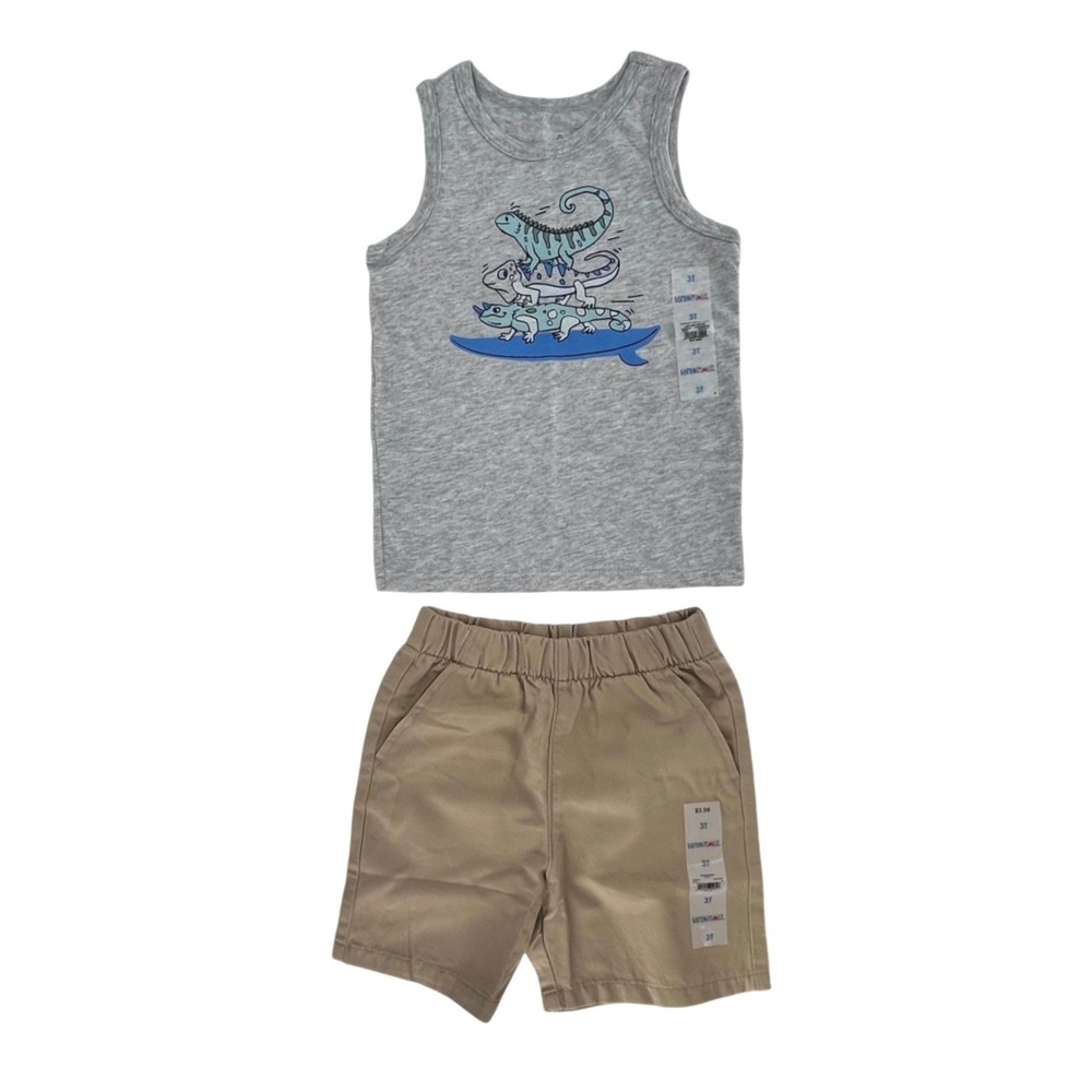 Garanimals Tank and Shorts Set Toddler Boys 3T Gray Khaki Iguana Surfboard 2pc